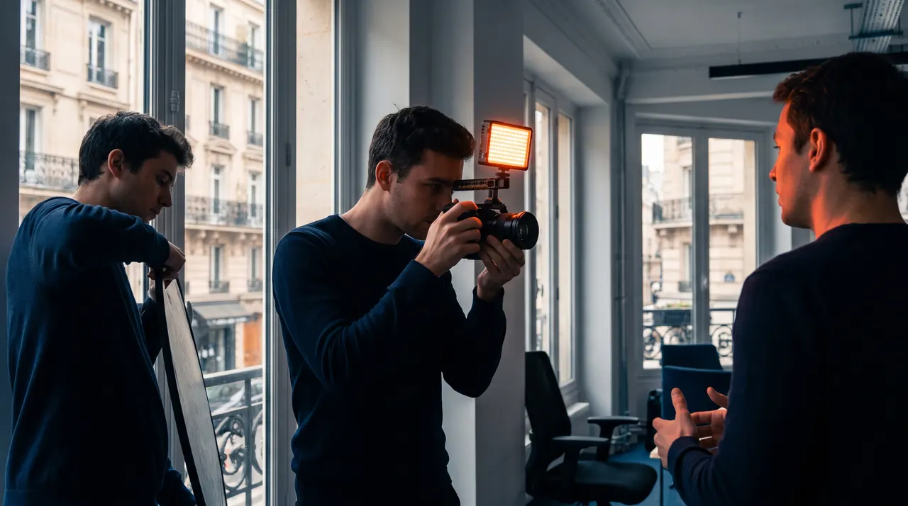 Vidéaste filmant un intervenant avec un appareil compact et une petite lumière LED dans des bureaux parisiens