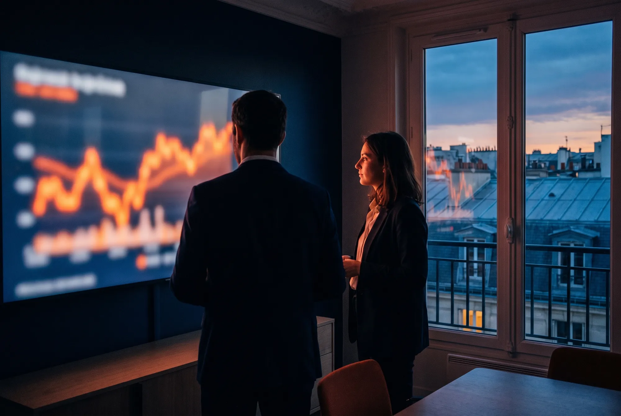 Deux collaborateurs d’un assureur observent des courbes sur un grand écran mural, toits de Paris au crépuscule derrière la fenêtre