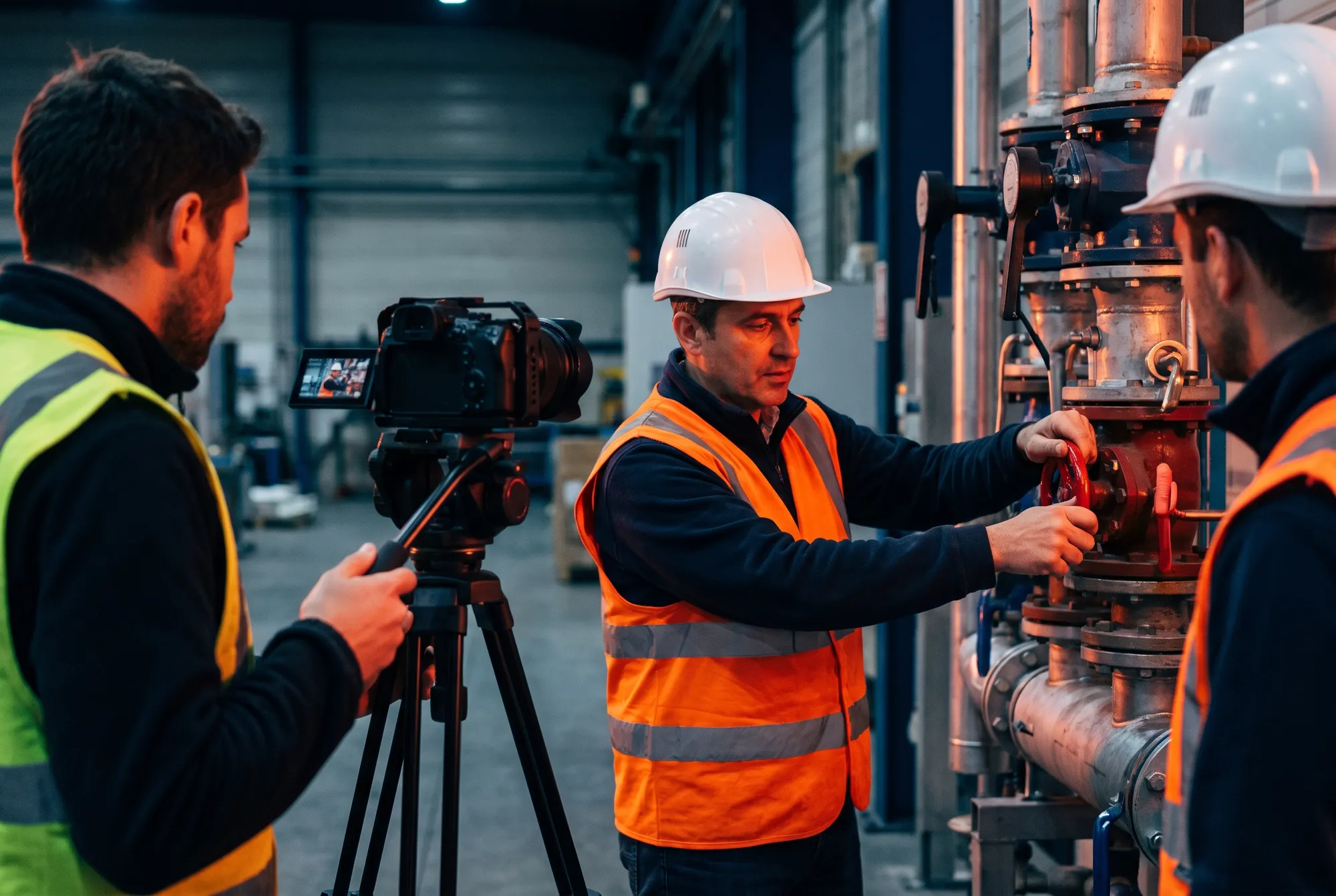 Formateur en casque et gilet orange montrant la fermeture d’une vanne à un technicien, filmé sur trépied sur un site industriel