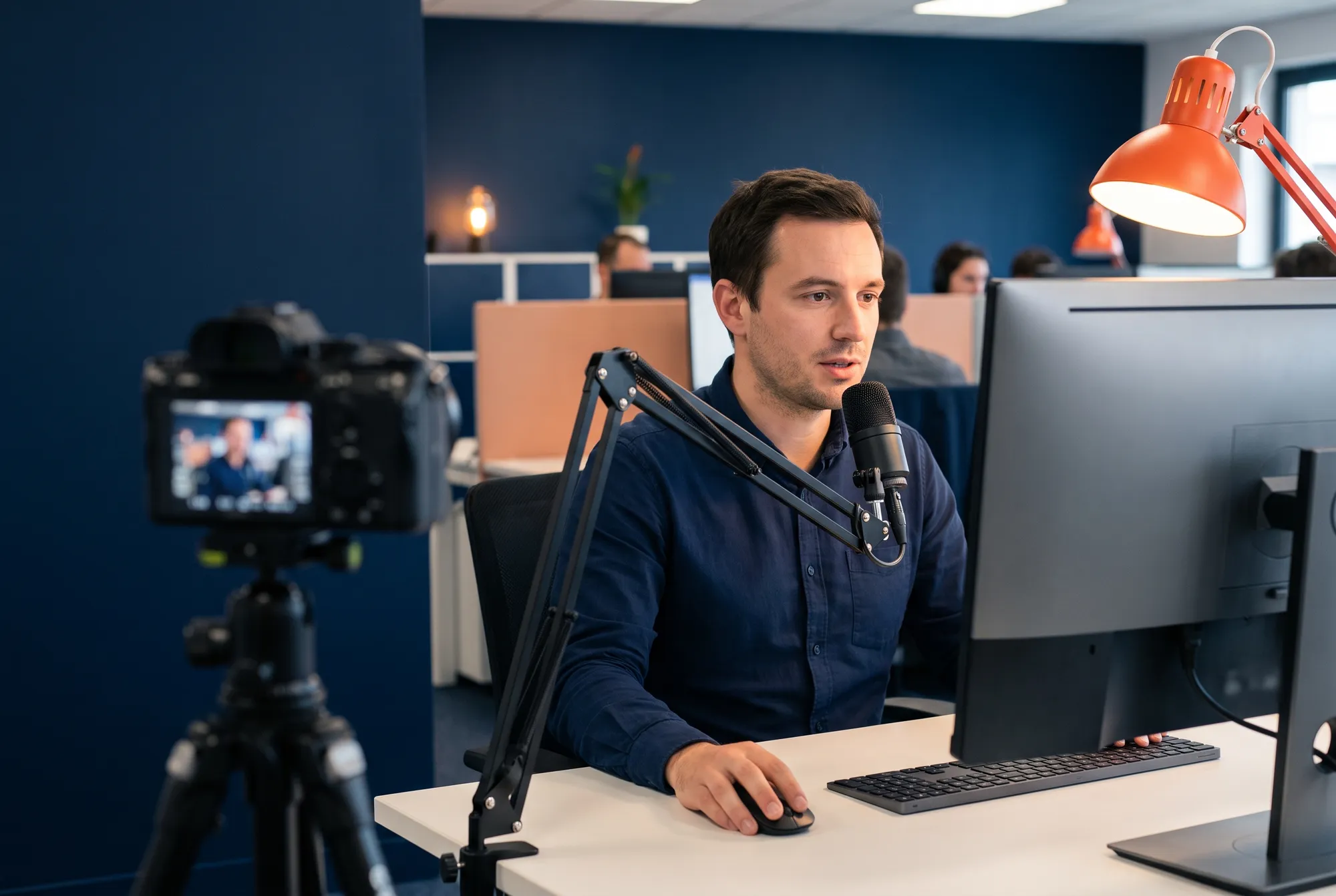Collaborateur enregistrant un tutoriel logiciel à son poste de travail, micro sur bras articulé, filmé par une caméra sur trépied