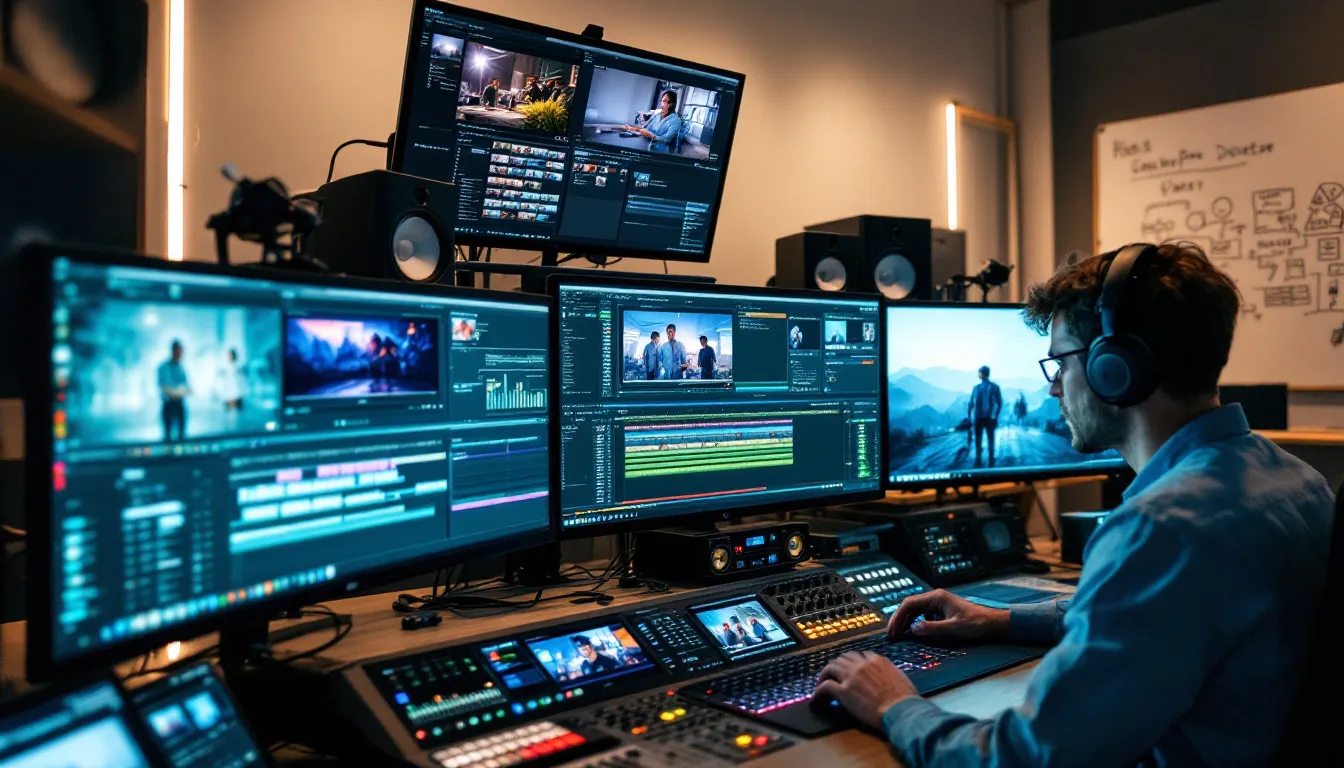 Dans un studio de post-production, plusieurs écrans affichent le montage vidéo en cours, illustrant le travail d’un vidéaste professionnel à Paris, dédié à la création de contenu pour des entreprises et des événements. L'ambiance est concentrée, reflétant la passion et l'expertise nécessaires pour réaliser des vidéos de qualité.