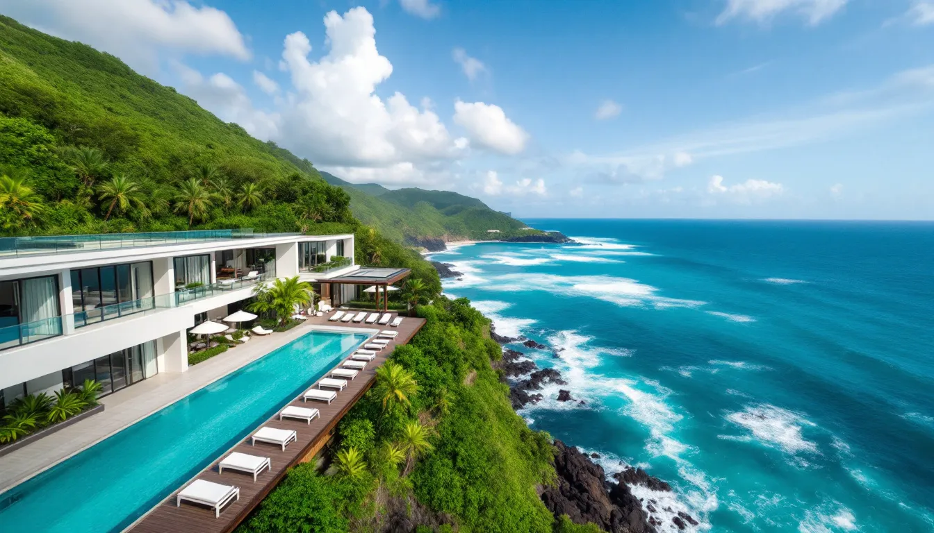Une vue aérienne d'un resort de luxe, mettant en avant une grande piscine et une magnifique vue sur la mer. Ce paysage idyllique est idéal pour les professionnels de la production vidéo, capturant des moments mémorables pour les réseaux sociaux et les événements.