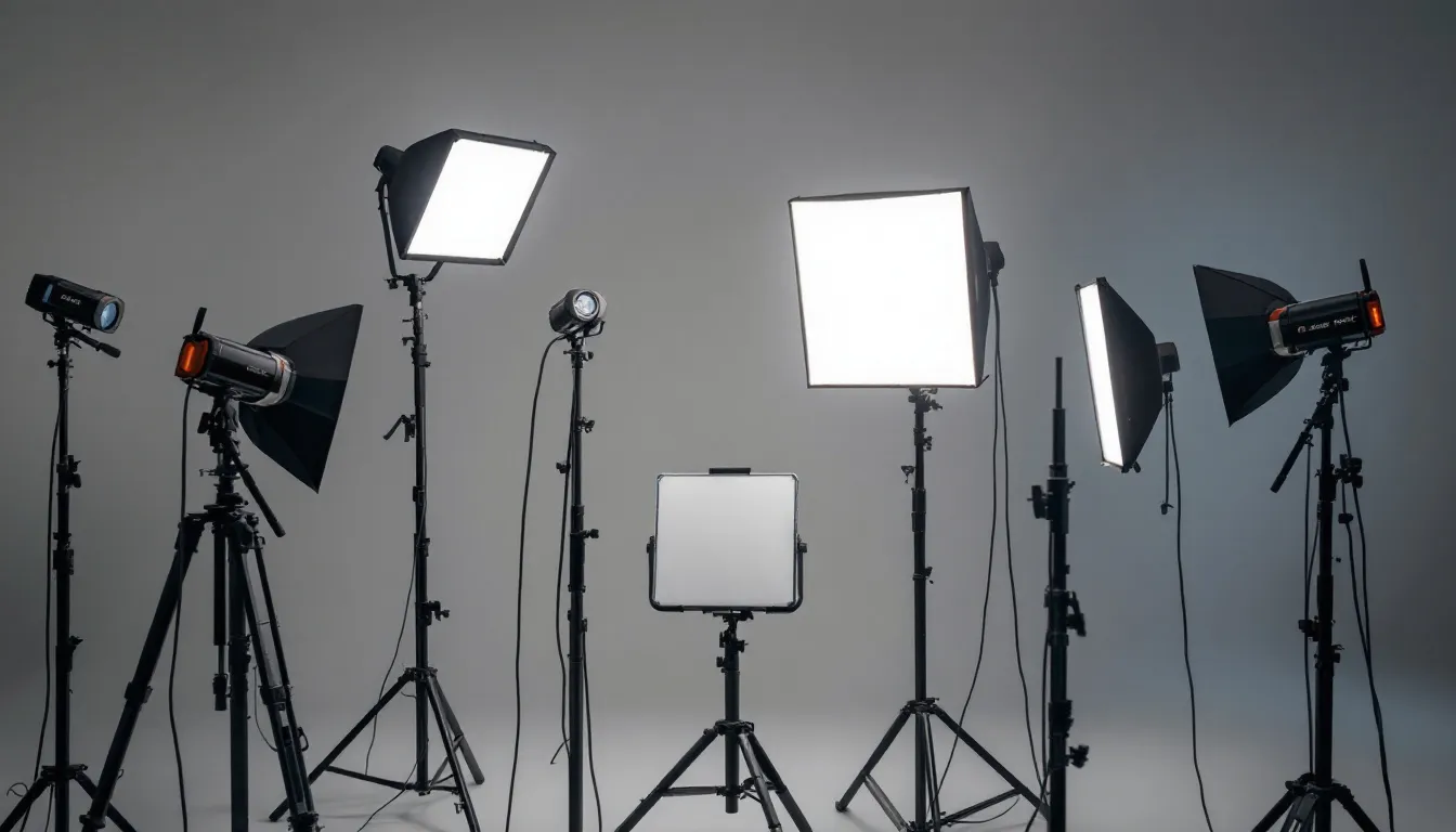 Dans l'image, un vidéaste professionnel configure un éclairage LED dans un studio de tournage à Paris, préparant ainsi un projet de production vidéo. L'équipement est soigneusement disposé pour optimiser la qualité des prises de vue et répondre aux besoins des clients lors de la création de contenu pour les réseaux sociaux.
