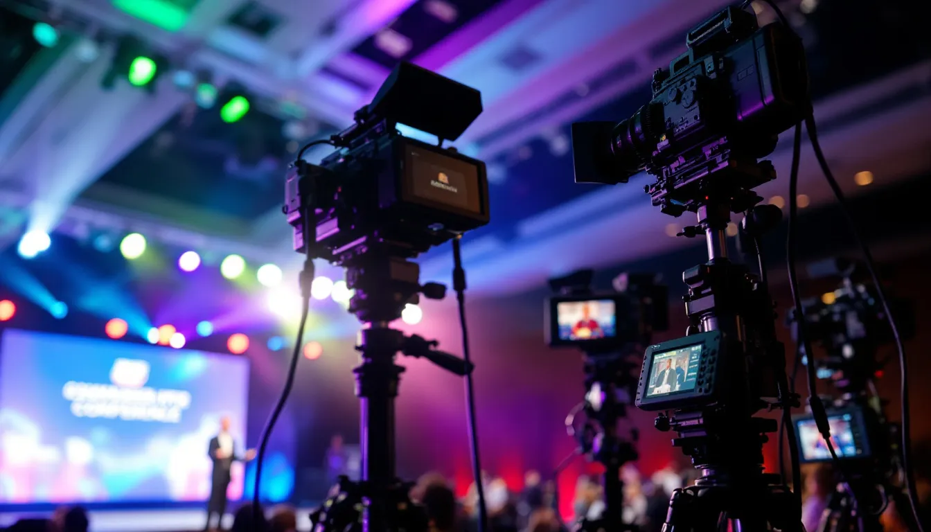 Lors d'une conférence d'entreprise à Paris, une configuration multi-caméras est mise en place, avec un éclairage scénique soigné, soulignant l'importance de la production vidéo pour capturer des moments clés de l'événement. Ce dispositif, géré par un vidéaste professionnel, vise à créer un contenu de qualité pour les réseaux sociaux et la communication des entreprises.