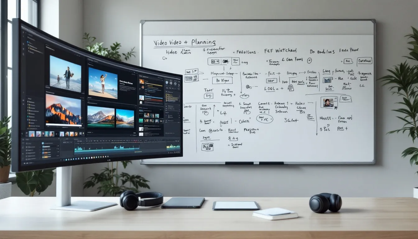 Dans cet espace de travail, on peut voir des storyboards disposés sur une table, ainsi que divers équipements de planification vidéo, témoignant de l'activité d'un vidéaste professionnel engagé dans la production de contenus pour les réseaux sociaux et les événements. L'environnement est propice à la création de vidéos de qualité, avec un accent sur la communication visuelle et la réalisation de projets audiovisuels.