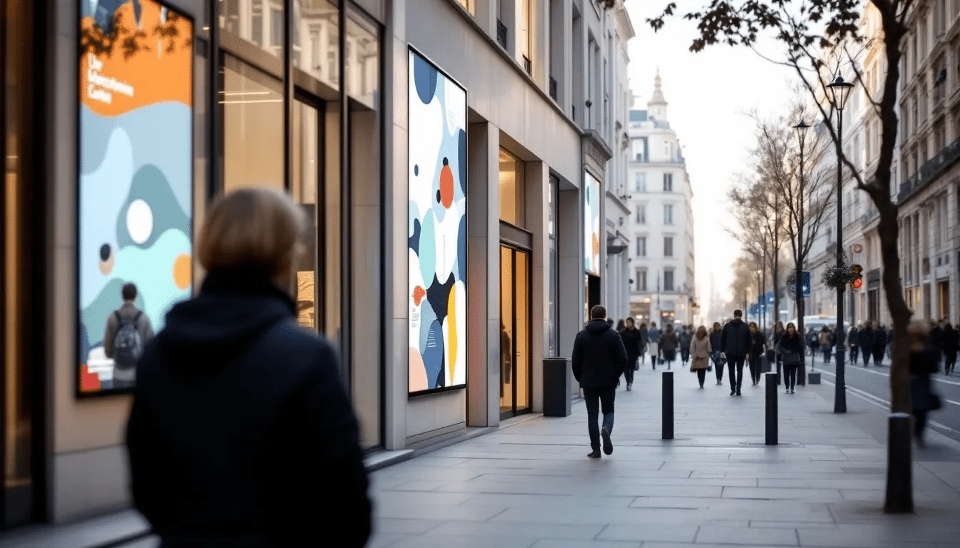 Une vue de Paris avec des éléments de communication visuelle.