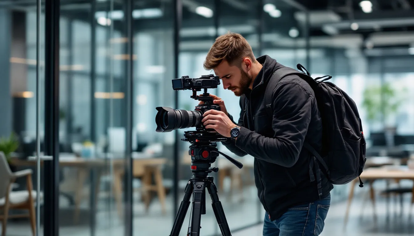 Un vidéaste professionnel est en pleine action, utilisant une caméra Sony FX3 pour capturer des images lors d'un tournage en entreprise à Paris, mettant en avant son expertise en production vidéo et sa passion pour la création de contenu de qualité. L'environnement dynamique reflète un projet visant à répondre aux besoins de communication des entreprises, tout en intégrant des éléments de post-production et de montage.