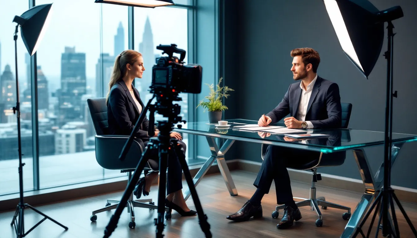 Dans un bureau moderne, un tournage d'interview corporate est en cours avec un éclairage professionnel. Un vidéaste passionné utilise du matériel haut de gamme pour capturer des prises de vue de qualité, mettant en avant les projets de l'entreprise à travers des vidéos destinées aux réseaux sociaux.